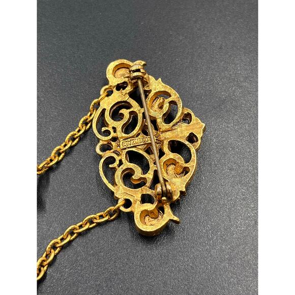 Florenza Signed Designer Mogul Gold Tone Faux Pearl Dangle Chain Brooch - Picture 6 of 8